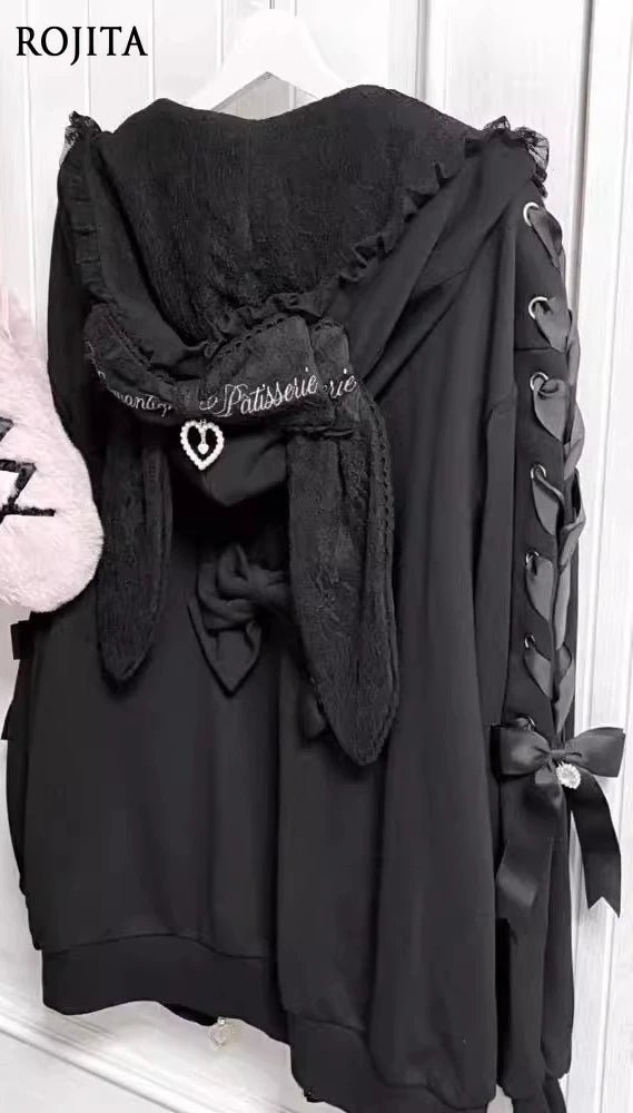 Hoodies Women 2025 Autumn New Sweet Bunny Ear Lace Hooded Sweatshirt for Women Cute Loose Tie Long Sleeve Jacket