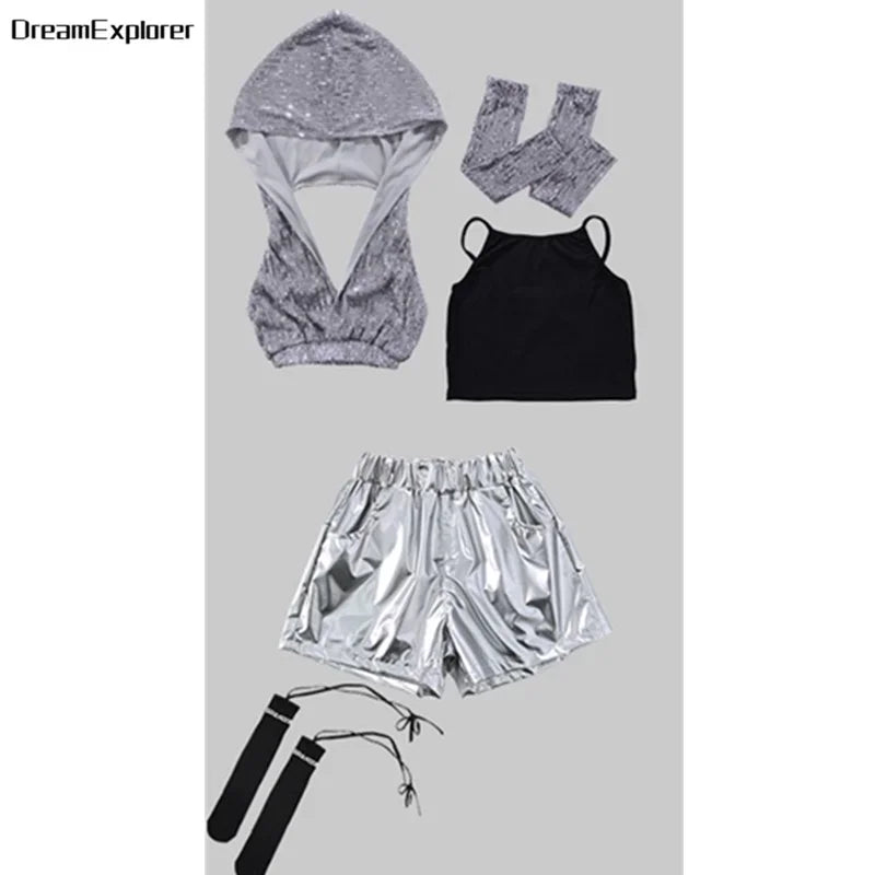 Girls Sequin Crop Hoodies Street Dance Shorts Kids Skirts Hip Hop Jazz Silver Pants Clothes Sets Child Streetwear K-pop Costumes