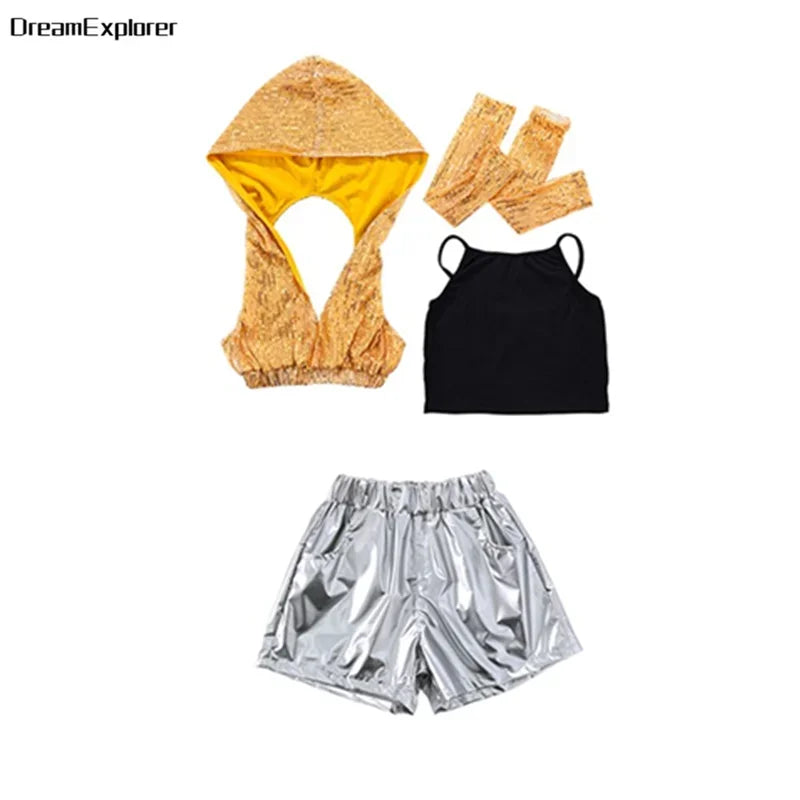 Girls Sequin Crop Hoodies Street Dance Shorts Kids Skirts Hip Hop Jazz Silver Pants Clothes Sets Child Streetwear K-pop Costumes