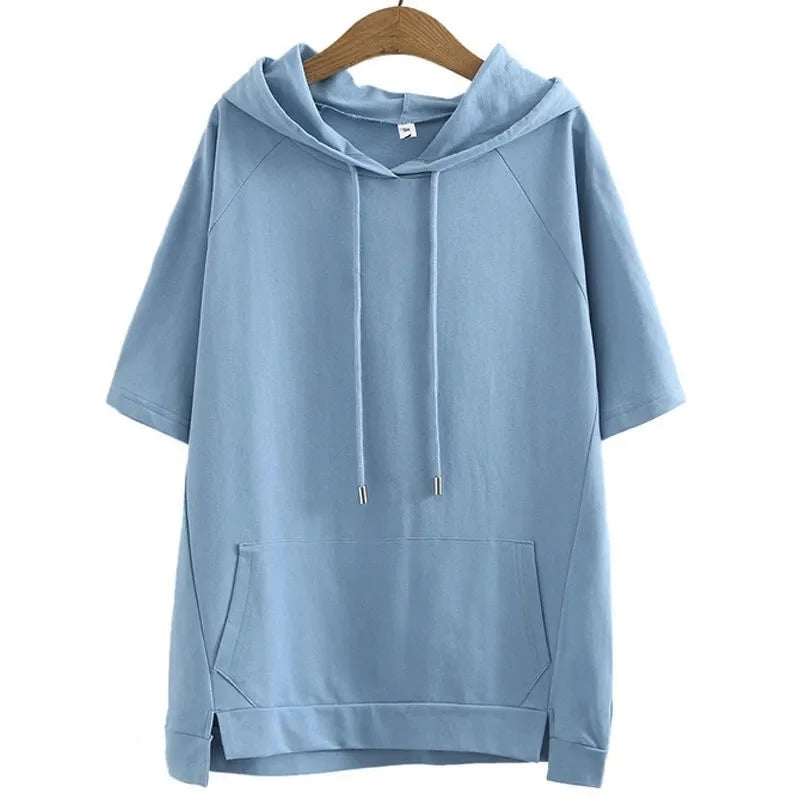 2025 Oversize 4XL Loose Sweatshirts Women Cotton Hoodies Summer Short-sleeves Thin Tees Female Casual Pullover Tops Outerwear