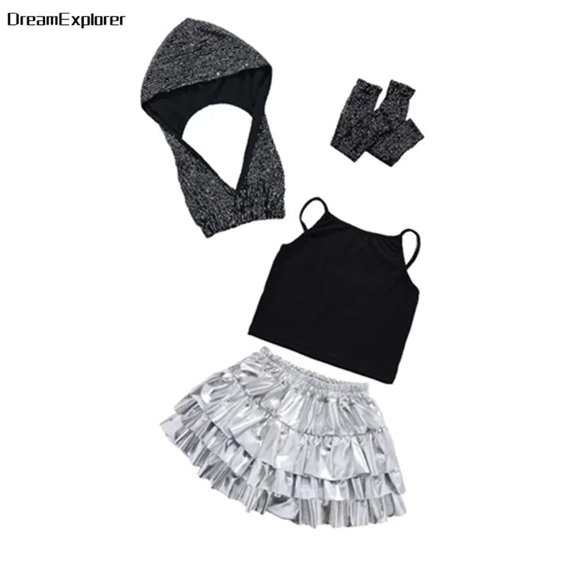 Girls Sequin Crop Hoodies Street Dance Shorts Kids Skirts Hip Hop Jazz Silver Pants Clothes Sets Child Streetwear K-pop Costumes
