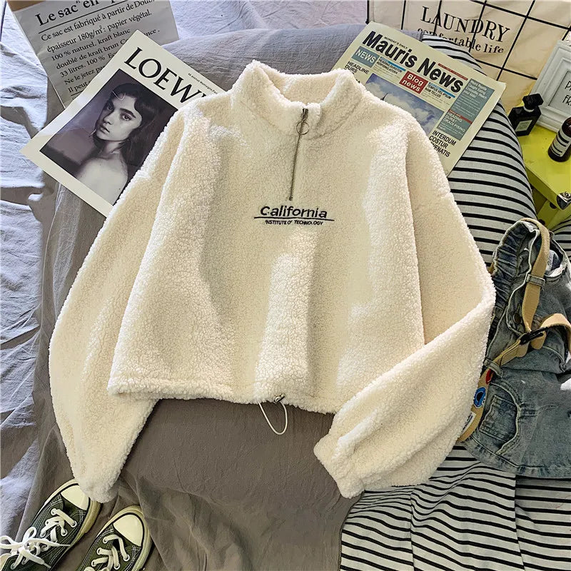 Letter Sweatshirts Women Half High Collar Hoodies Long Sleeve Pullover Pockets Loose Autumn Sports Slight Strech Draw String