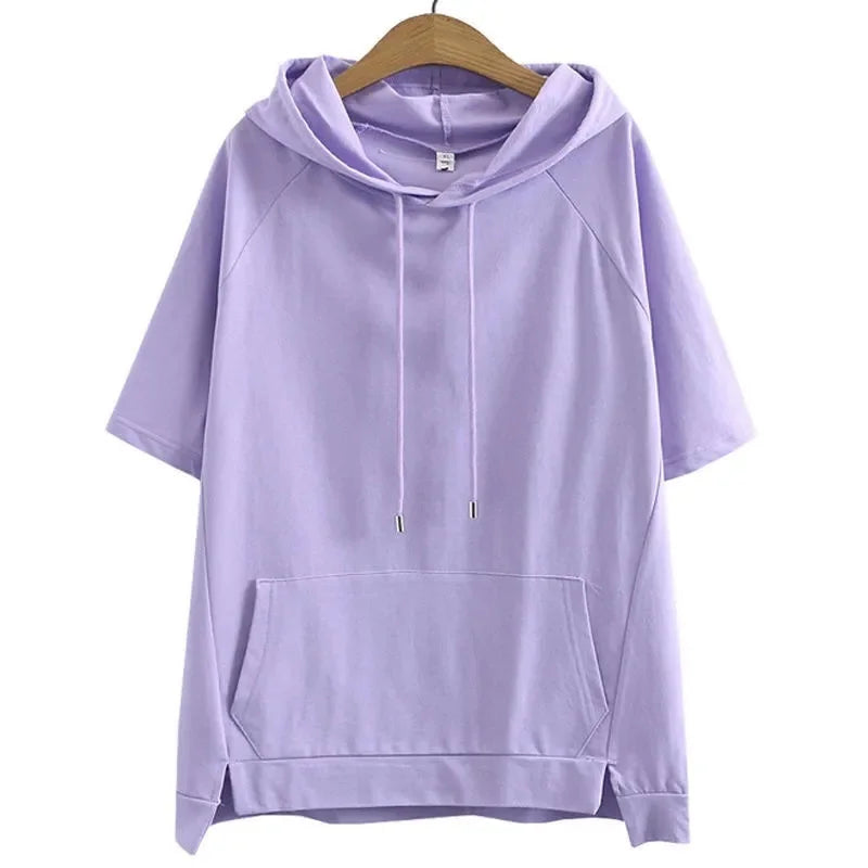 2025 Oversize 4XL Loose Sweatshirts Women Cotton Hoodies Summer Short-sleeves Thin Tees Female Casual Pullover Tops Outerwear