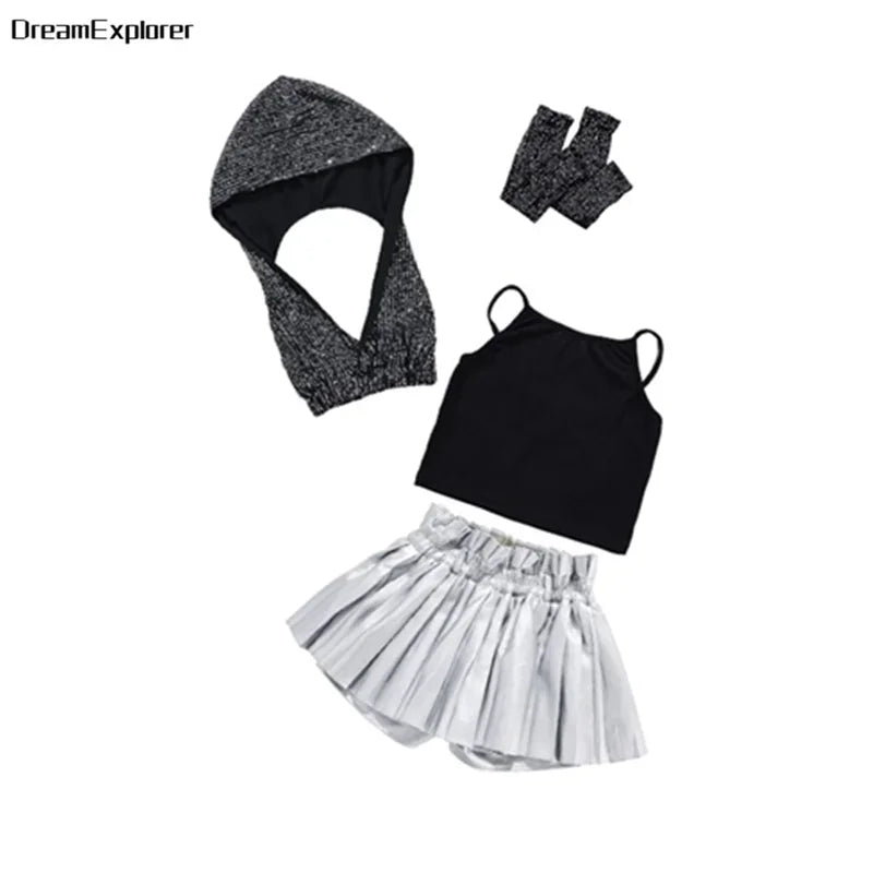 Girls Sequin Crop Hoodies Street Dance Shorts Kids Skirts Hip Hop Jazz Silver Pants Clothes Sets Child Streetwear K-pop Costumes