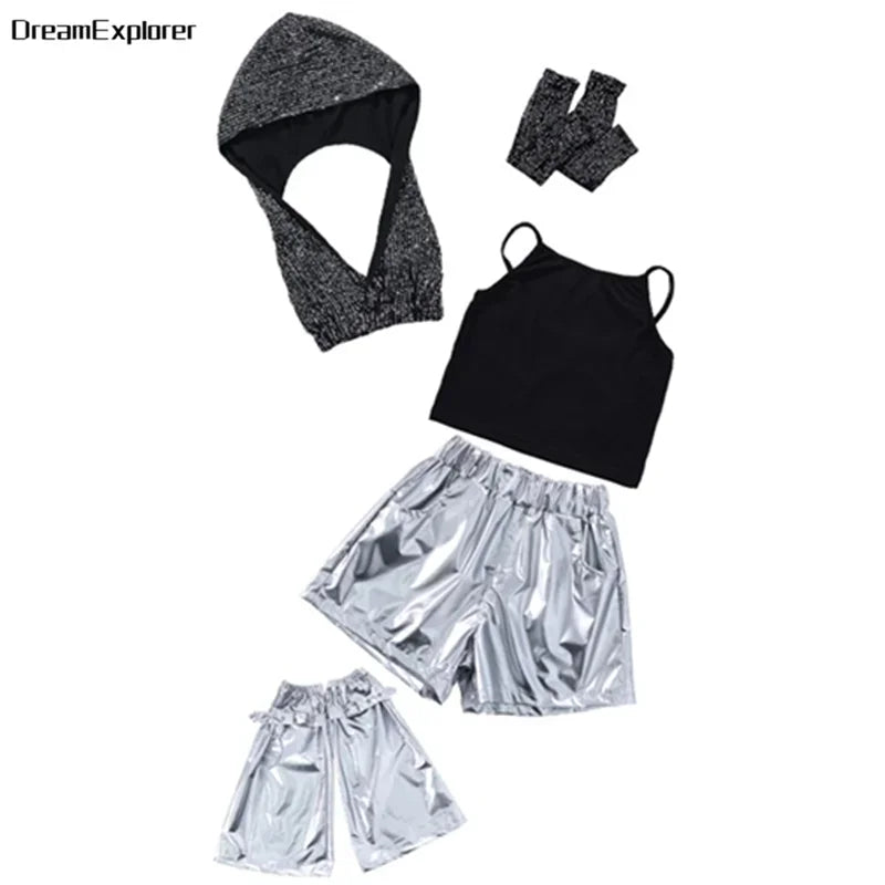 Girls Sequin Crop Hoodies Street Dance Shorts Kids Skirts Hip Hop Jazz Silver Pants Clothes Sets Child Streetwear K-pop Costumes