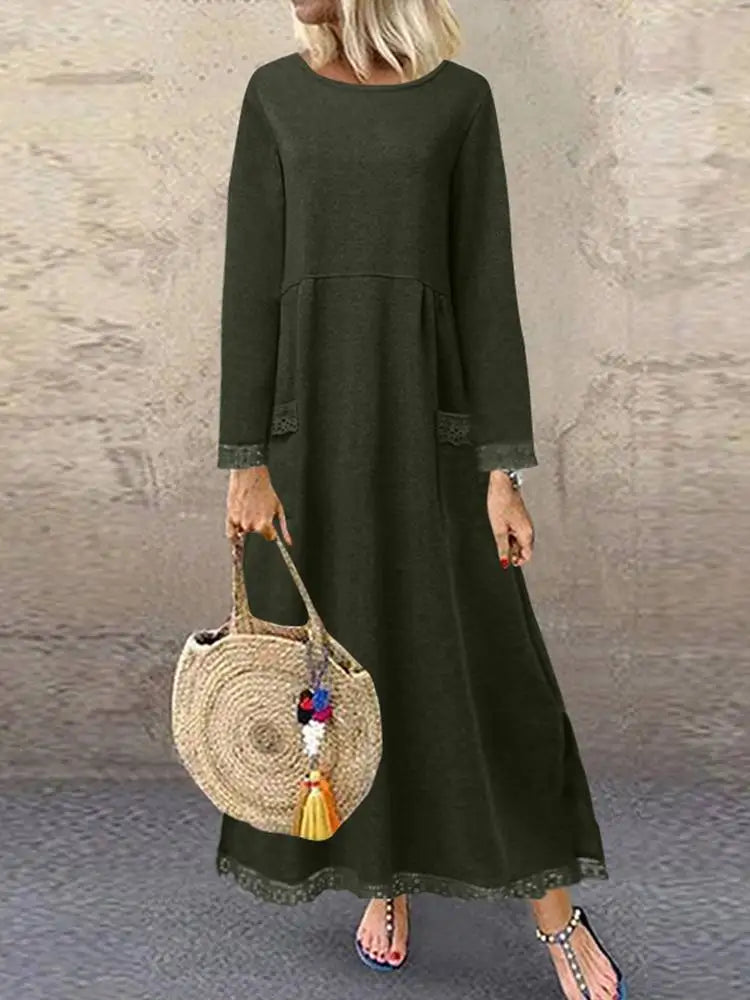 ZANZEA Winter Autumn Sweatshirt Dress Women Lace Crochet Pullover Vestidos Solid O Neck Long Sleeve Fleece Sundress Robe Hoodies
