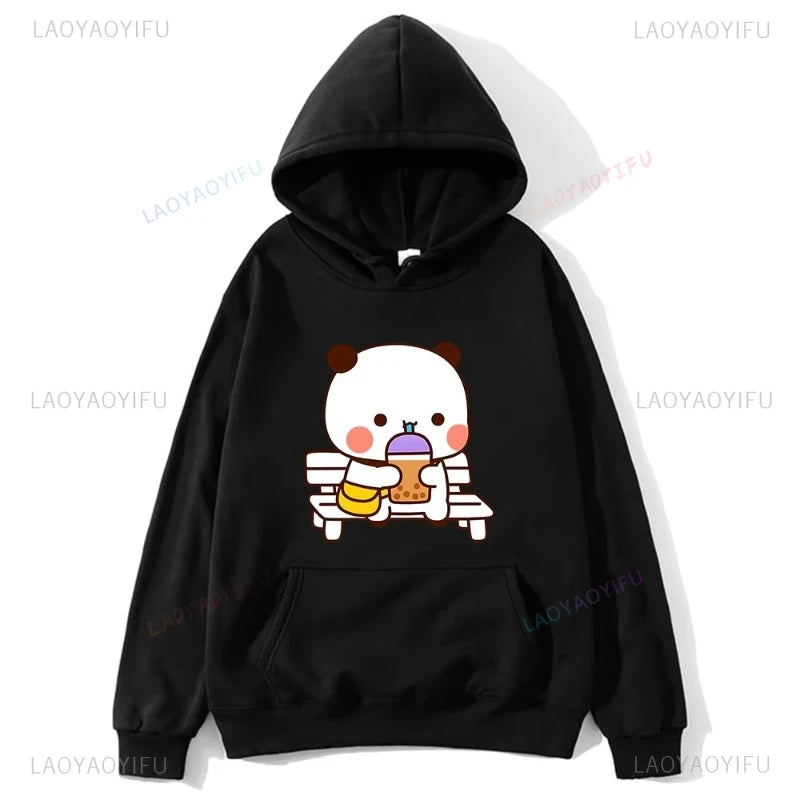 Trendy New Couple Hoodies Bubu with Dudu Drinking Juice Sweatshirts Cartoon Cute Panda Bear Hoodies Kawaii Y2k Top Sudaderas