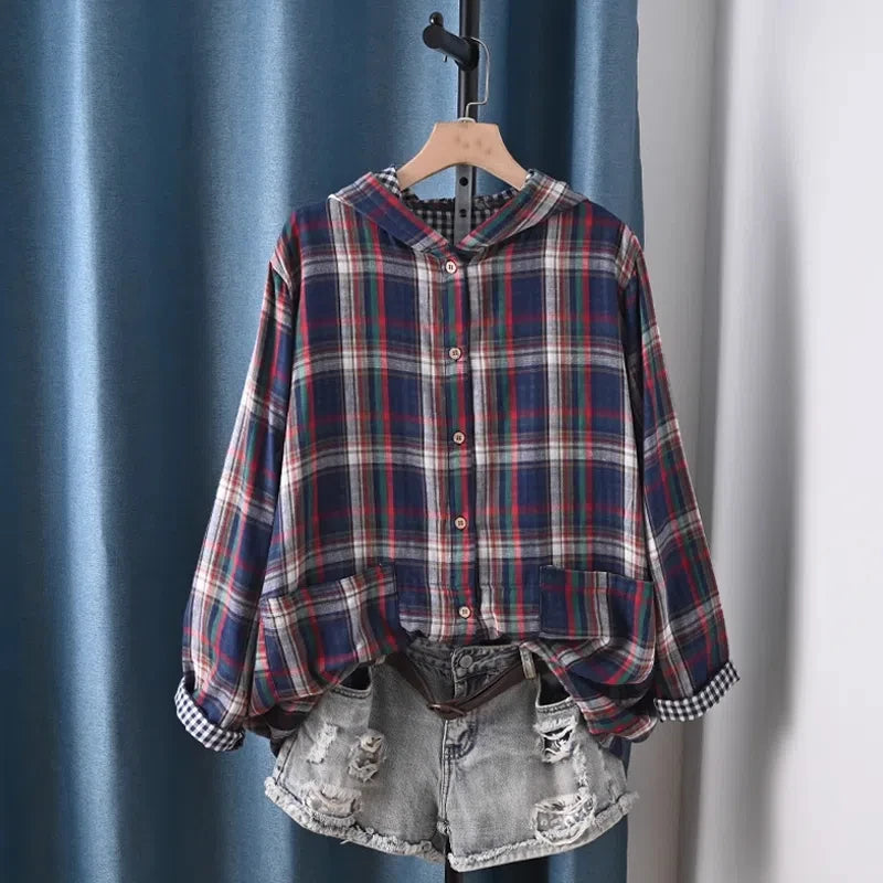 2026 Plus size tops 100% cotton yarn plaid hoodies for women spring autumn vintage casual hooded long sleeve shirts blouses