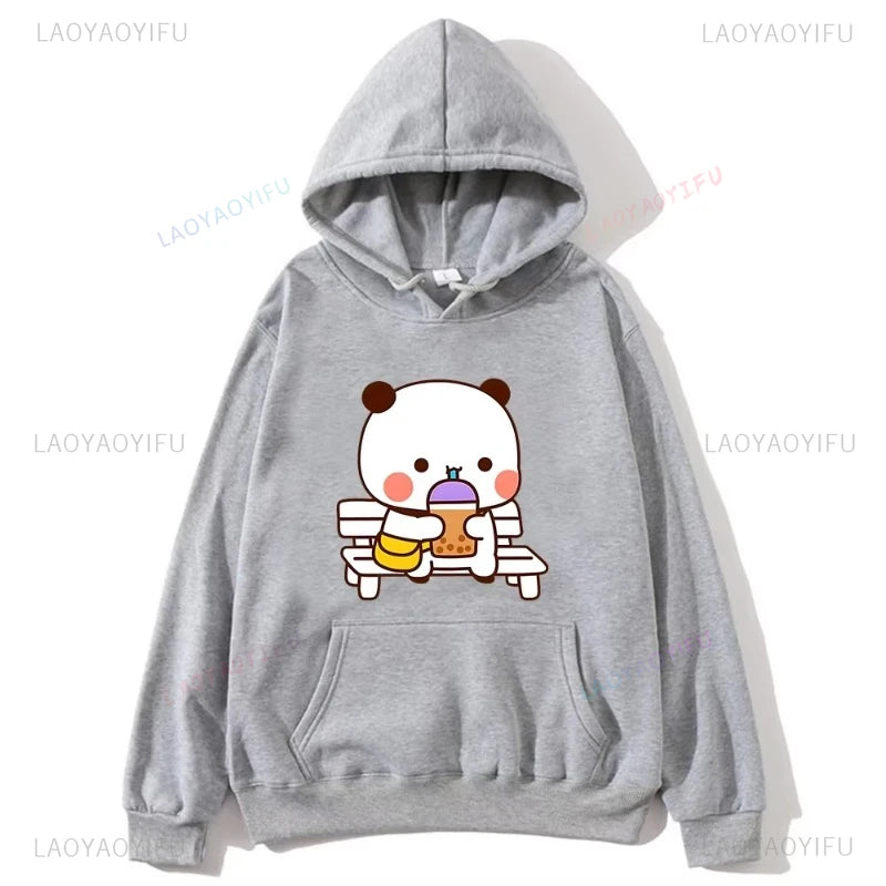 Trendy New Couple Hoodies Bubu with Dudu Drinking Juice Sweatshirts Cartoon Cute Panda Bear Hoodies Kawaii Y2k Top Sudaderas