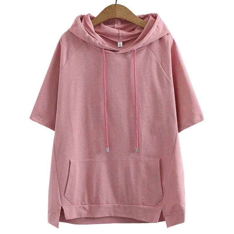 2025 Oversize 4XL Loose Sweatshirts Women Cotton Hoodies Summer Short-sleeves Thin Tees Female Casual Pullover Tops Outerwear