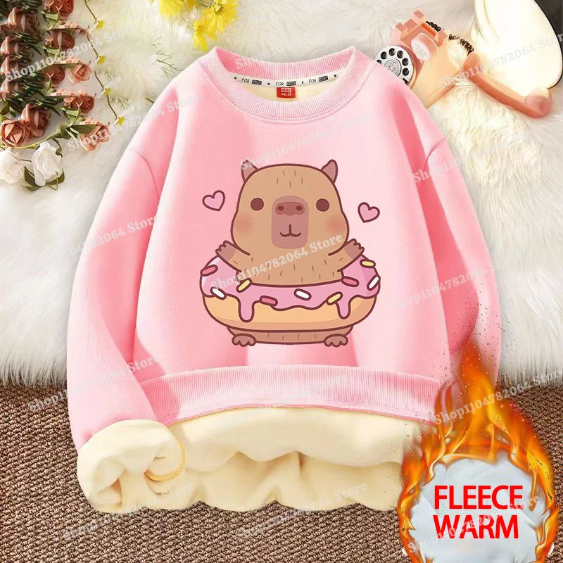 Kawaii Capybara Children's Clothing Lamb Wool Sweatshirt Boys Girls Winter Warm Thick Long Sleeved Pullover Hoodies Anime Gifts