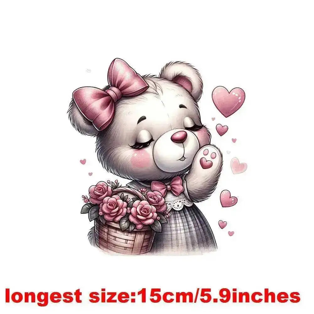 15cm Kids Cartoon Flower Love Bear Dtf Transfers Ready To Press Patches For Clothing T-shirt Hoodies Heat Transfer Stickers