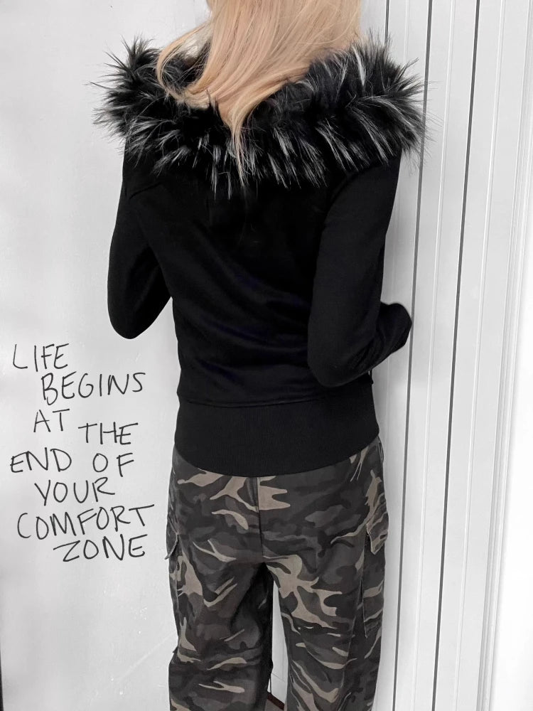 American Retro Fur Patchwork Grunge Hoodies Women Vintage Gothic Print Hooded Zip-up Sweatshirts Harajuku Aesthetic Y2k Jacket