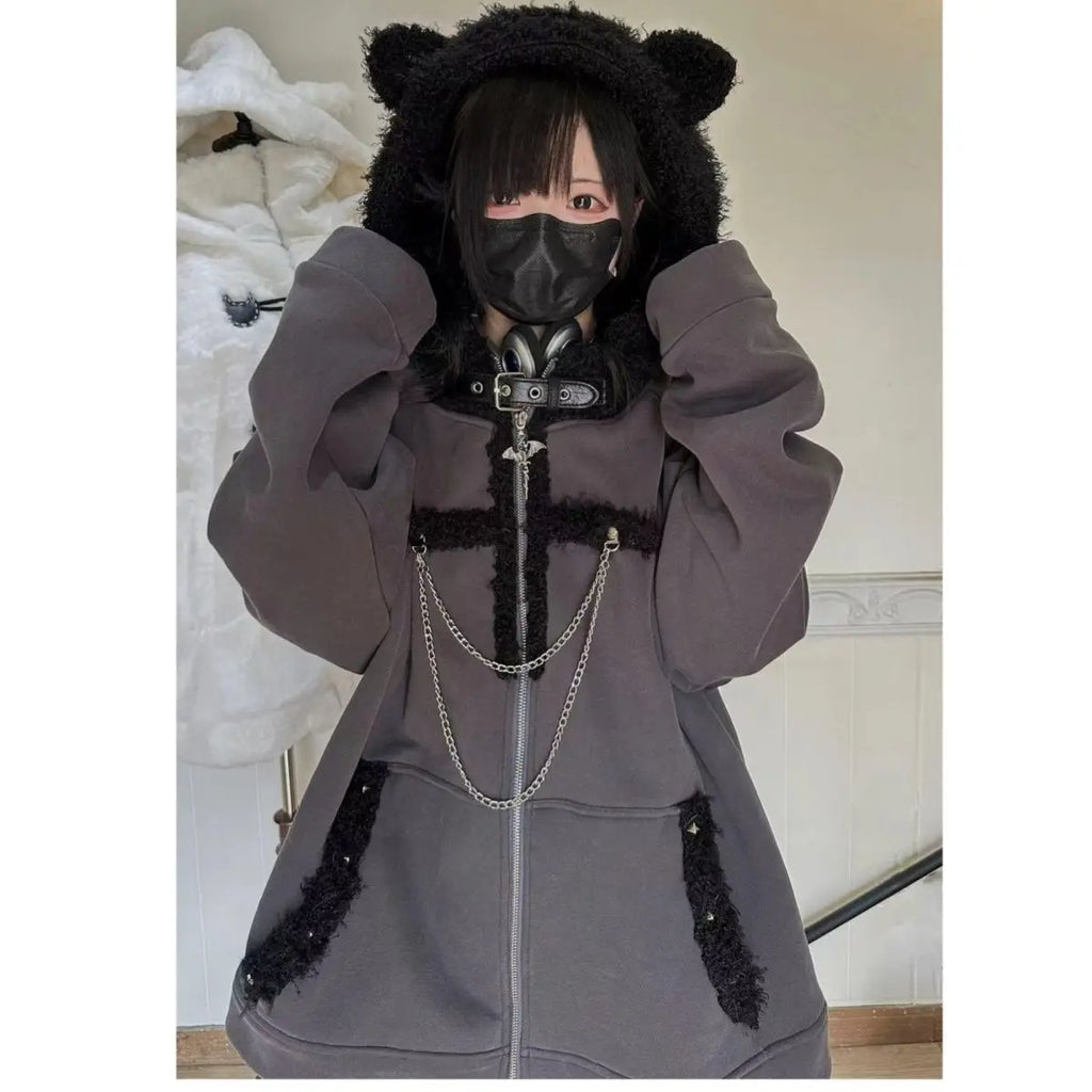 Japanese Kawaii Y2k Aesthetic Women Chain Gothic Cat Ears Hoodies Coat Patchwork Grunge  Hoody Harajuku Vintage Zip Sweatshirts