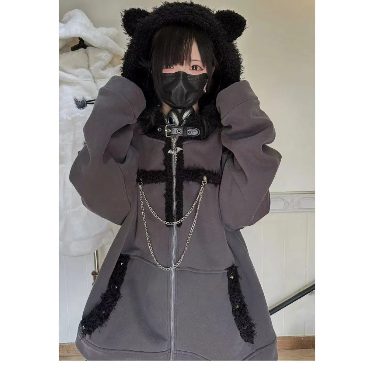 Japanese Kawaii Y2k Aesthetic Women Chain Gothic Cat Ears Hoodies Coat Patchwork Grunge  Hoody Harajuku Vintage Zip Sweatshirts