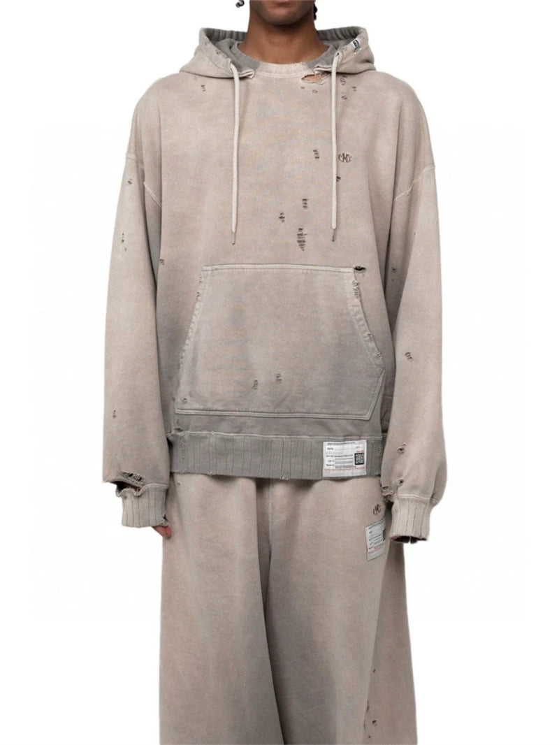 Washed Hole Damaged Sun-Faded Like Hoodie Sweatshirt Pure Cotton Embroidered Logo Oversized Men's and Women's Hoodies