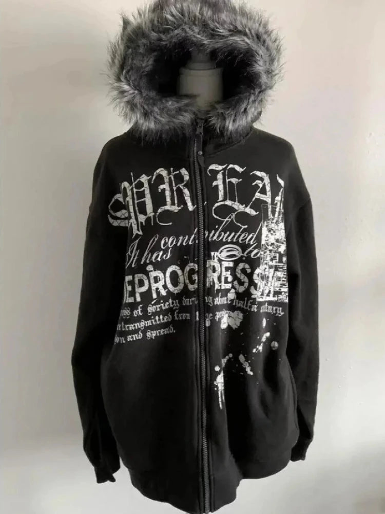 Grunge Zipper Sweatshirts Vintage Gothic Coats Harajuku Streetwear Y2k Jackets with Hooded Women Subculture Hoodies Cross Skull
