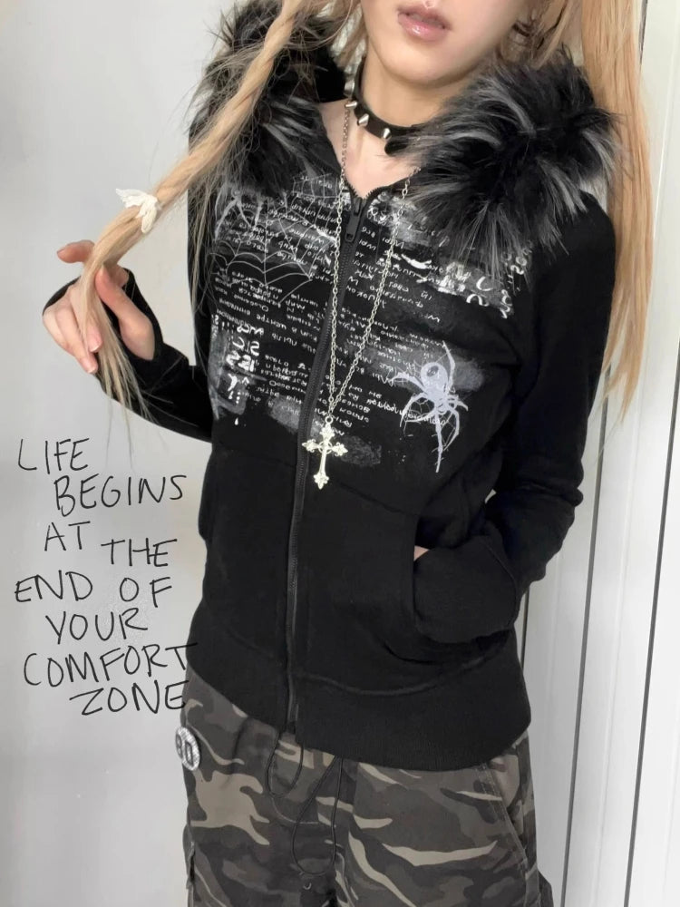 American Retro Fur Patchwork Grunge Hoodies Women Vintage Gothic Print Hooded Zip-up Sweatshirts Harajuku Aesthetic Y2k Jacket