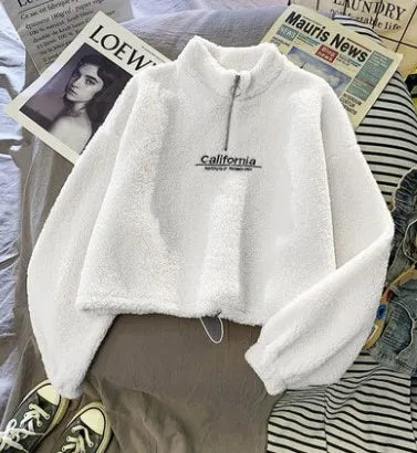 Letter Sweatshirts Women Half High Collar Hoodies Long Sleeve Pullover Pockets Loose Autumn Sports Slight Strech Draw String