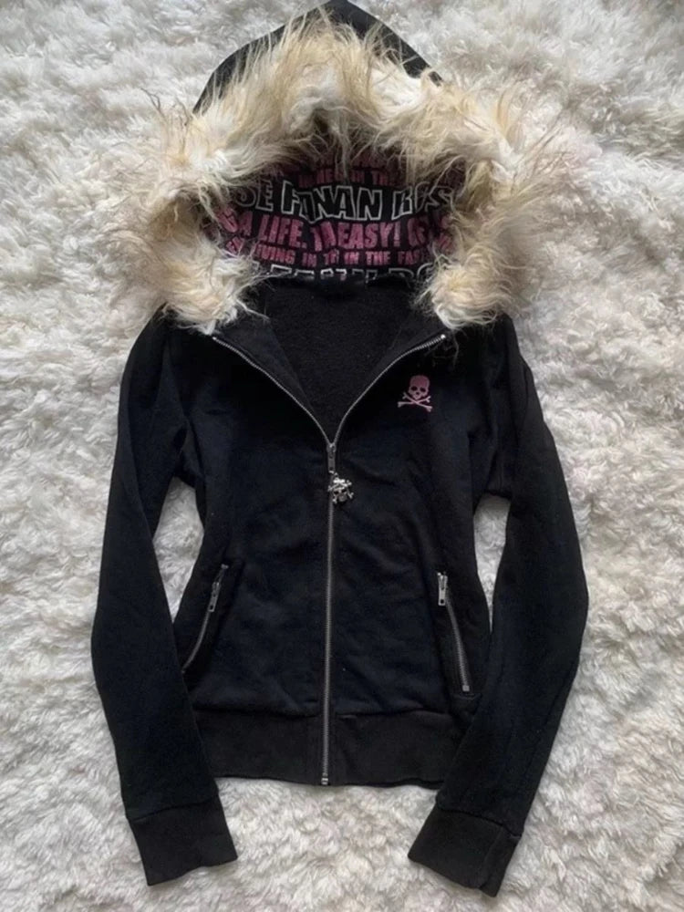 Grunge Zipper Sweatshirts Vintage Gothic Coats Harajuku Streetwear Y2k Jackets with Hooded Women Subculture Hoodies Cross Skull