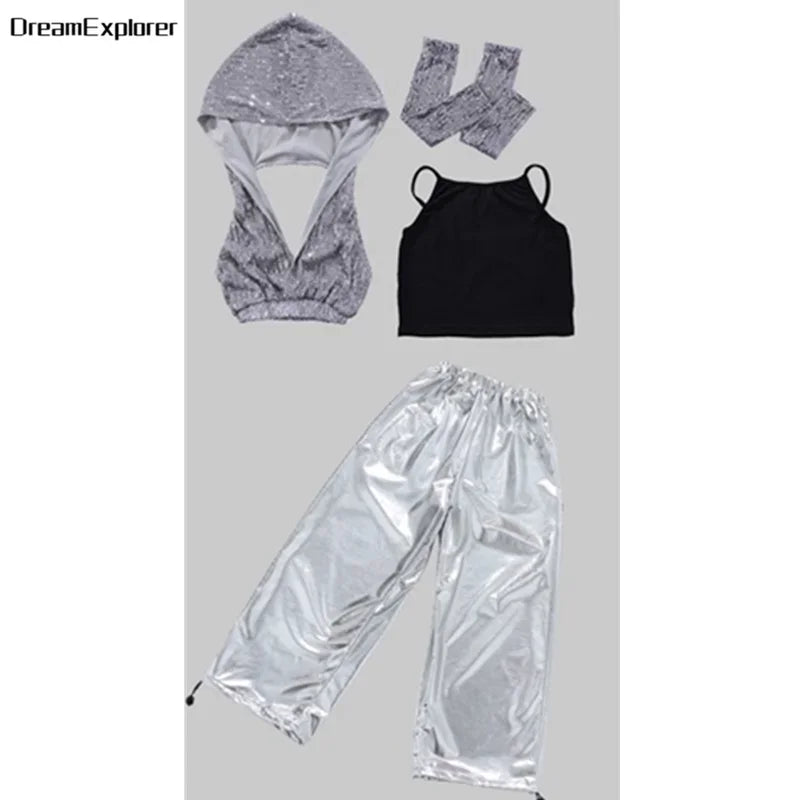 Girls Sequin Crop Hoodies Street Dance Shorts Kids Skirts Hip Hop Jazz Silver Pants Clothes Sets Child Streetwear K-pop Costumes