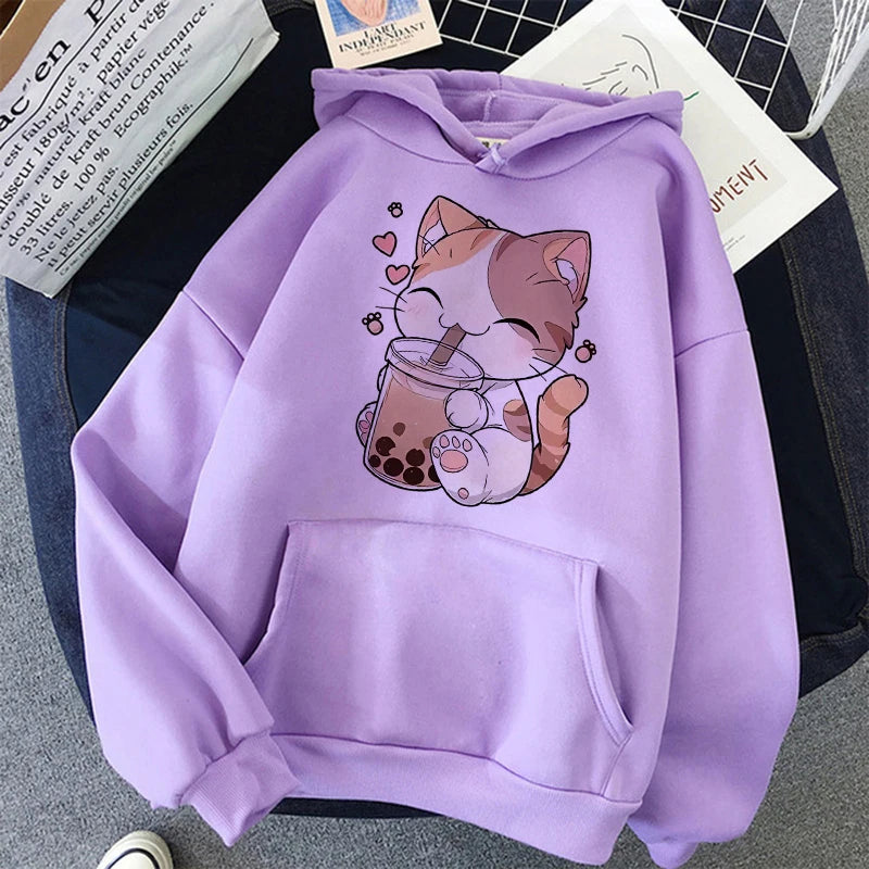 A Cute Patterned Orange Tabby Cat with A Smile Print Hoodies Women Casual Graphic Sweatshirts Fashion Fall Winter Hoody Clothes