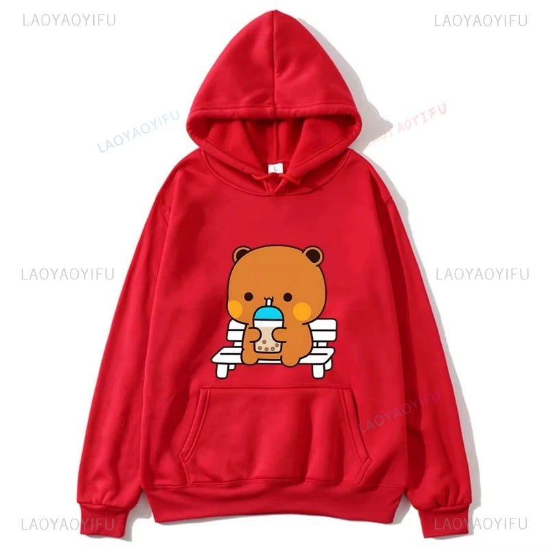 Trendy New Couple Hoodies Bubu with Dudu Drinking Juice Sweatshirts Cartoon Cute Panda Bear Hoodies Kawaii Y2k Top Sudaderas