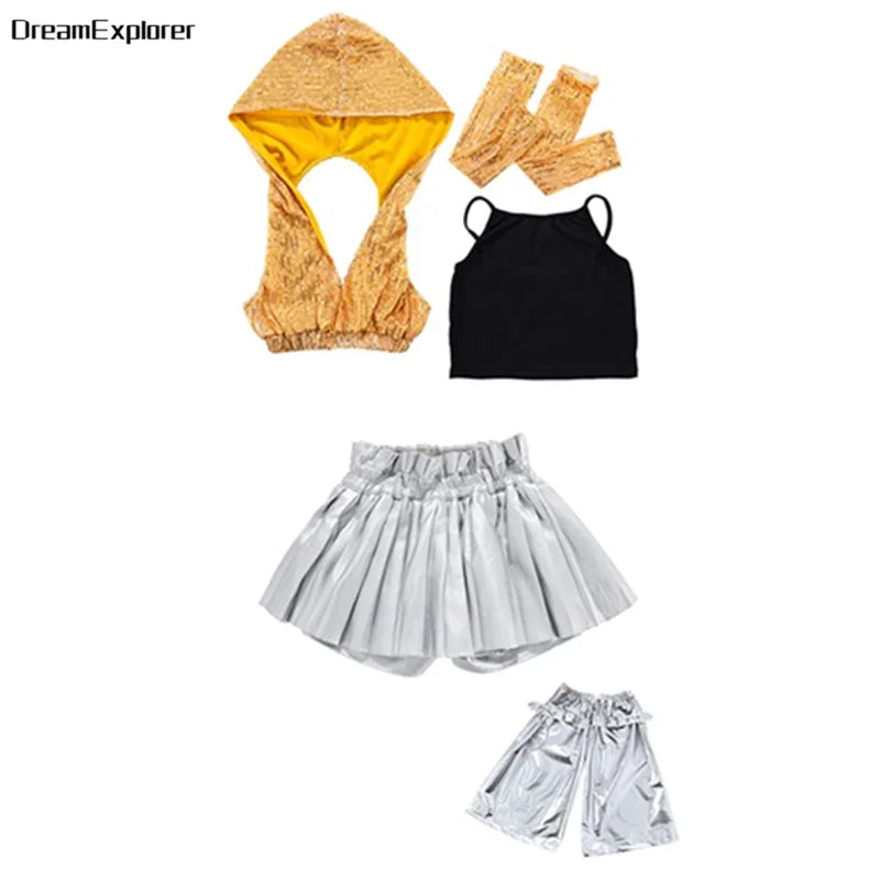 Girls Sequin Crop Hoodies Street Dance Shorts Kids Skirts Hip Hop Jazz Silver Pants Clothes Sets Child Streetwear K-pop Costumes