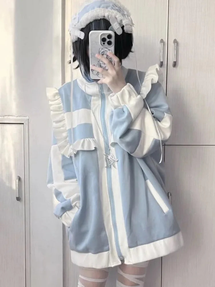 Japanese Y2k Aesthetic Stand Collar Kawaii Hoodies Women Zipper Sweatshirt Oversized Coats Grunge Harajuku Ruffled Patch Coat