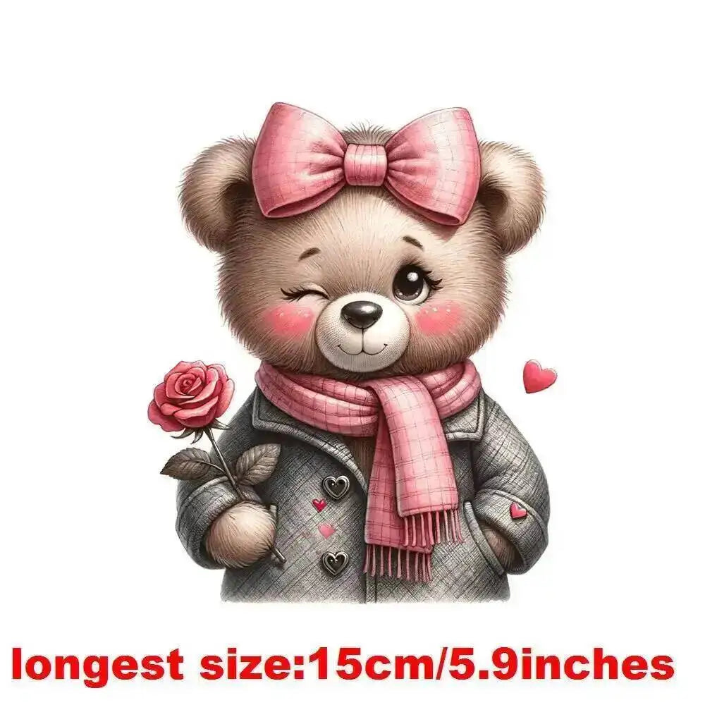 15cm Kids Cartoon Flower Love Bear Dtf Transfers Ready To Press Patches For Clothing T-shirt Hoodies Heat Transfer Stickers