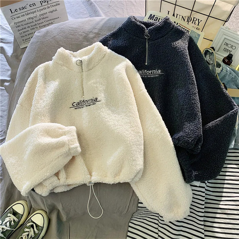 Letter Sweatshirts Women Half High Collar Hoodies Long Sleeve Pullover Pockets Loose Autumn Sports Slight Strech Draw String