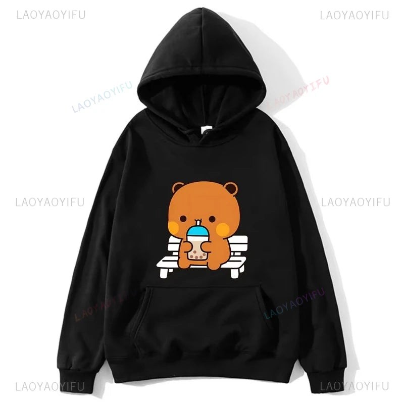 Trendy New Couple Hoodies Bubu with Dudu Drinking Juice Sweatshirts Cartoon Cute Panda Bear Hoodies Kawaii Y2k Top Sudaderas