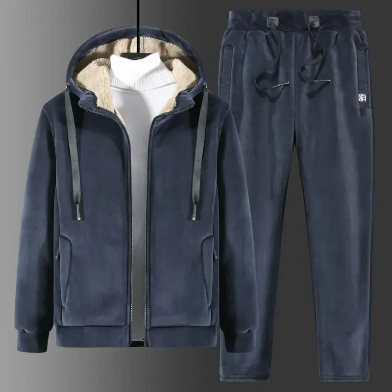 Men Sports Suits Tracksuit Sets Hoodies Casual Hooded Warm Sweatshirts+Pants Thicker Fleece New Jacket+Pants 2 Pieces Velvet Set