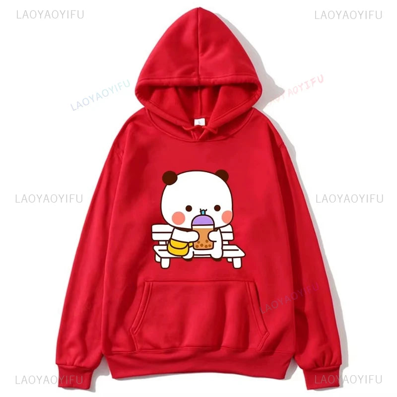 Trendy New Couple Hoodies Bubu with Dudu Drinking Juice Sweatshirts Cartoon Cute Panda Bear Hoodies Kawaii Y2k Top Sudaderas