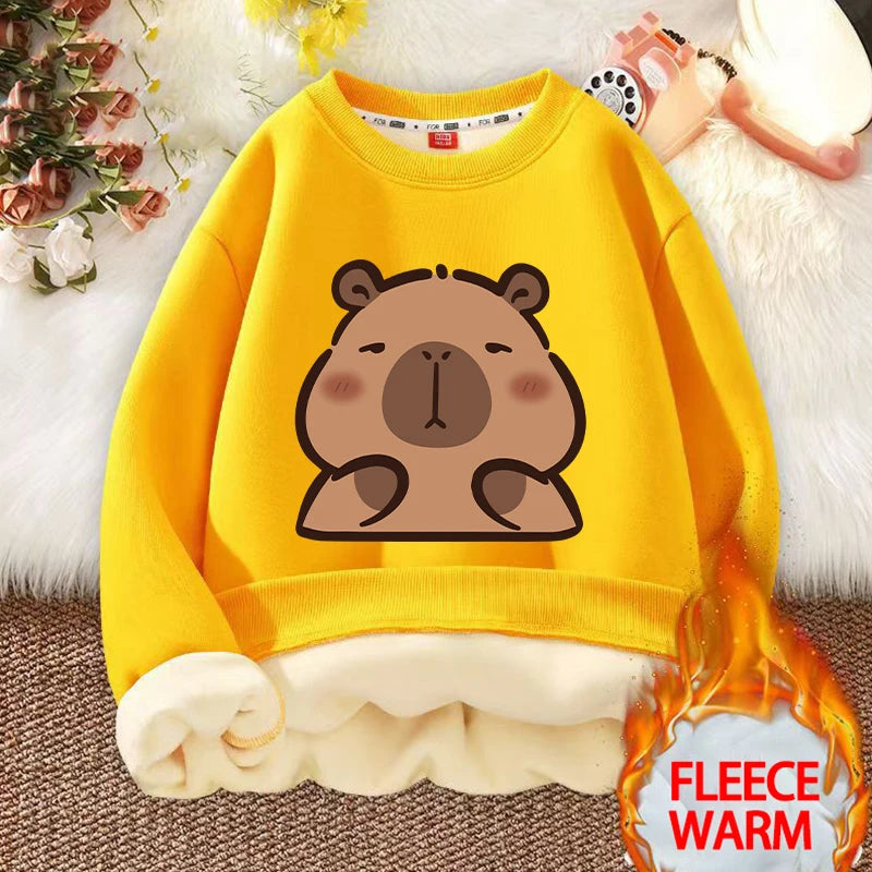 Kawaii Capybara Children's Clothing Lamb Wool Sweatshirt Boys Girls Winter Warm Thick Long Sleeved Pullover Hoodies Anime Gifts