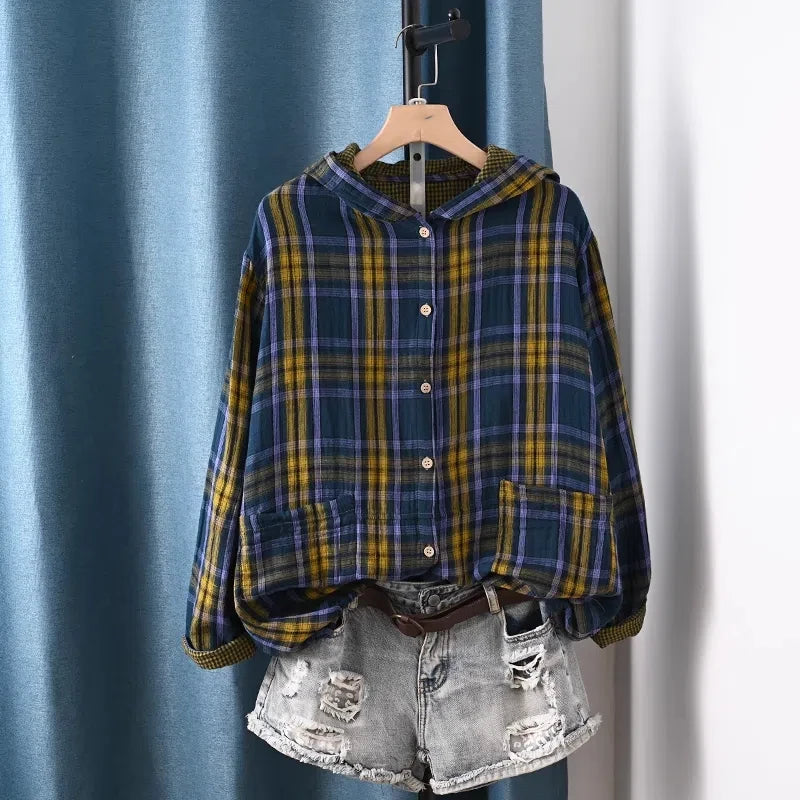 2026 Plus size tops 100% cotton yarn plaid hoodies for women spring autumn vintage casual hooded long sleeve shirts blouses