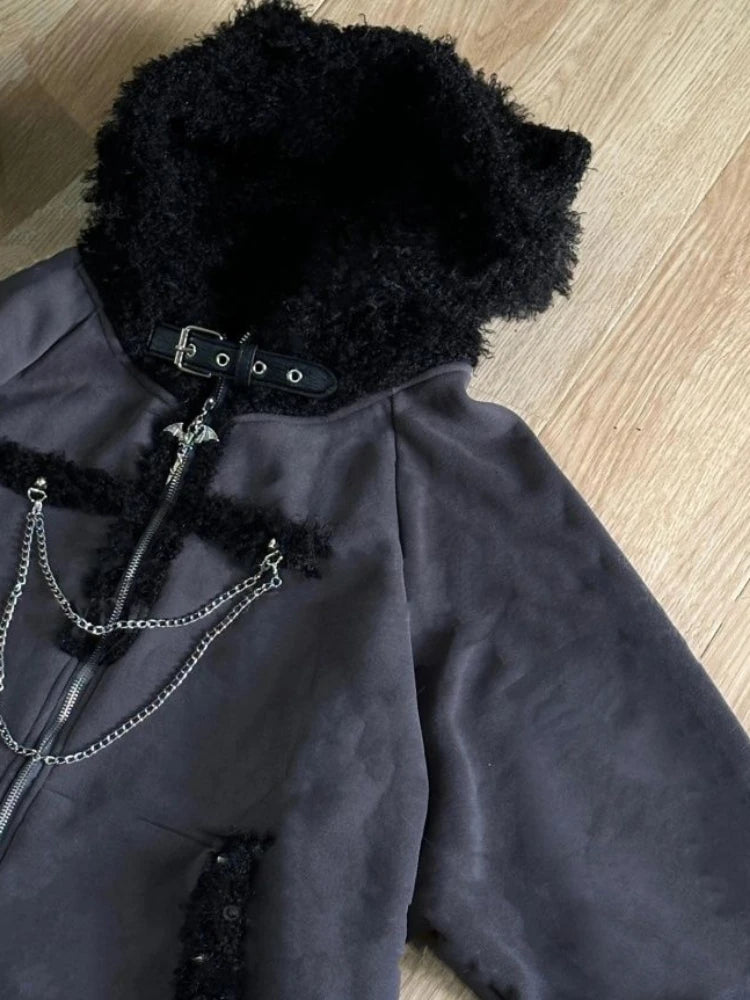 Japanese Kawaii Y2k Aesthetic Women Chain Gothic Cat Ears Hoodies Coat Patchwork Grunge  Hoody Harajuku Vintage Zip Sweatshirts