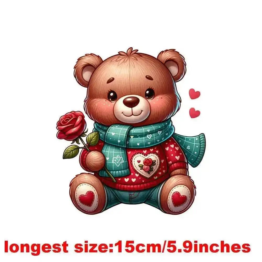 15cm Kids Cartoon Flower Love Bear Dtf Transfers Ready To Press Patches For Clothing T-shirt Hoodies Heat Transfer Stickers