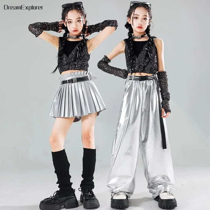 Girls Sequin Crop Hoodies Street Dance Shorts Kids Skirts Hip Hop Jazz Silver Pants Clothes Sets Child Streetwear K-pop Costumes