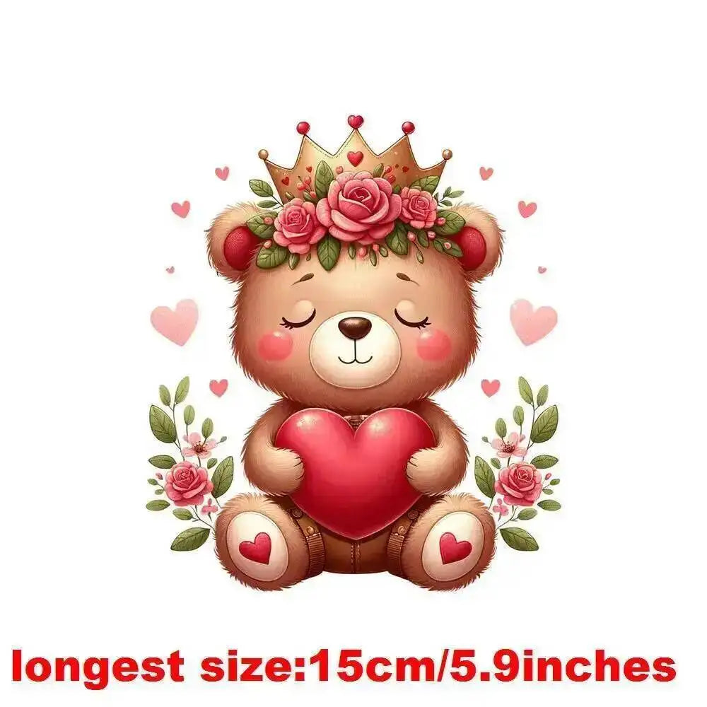 15cm Kids Cartoon Flower Love Bear Dtf Transfers Ready To Press Patches For Clothing T-shirt Hoodies Heat Transfer Stickers