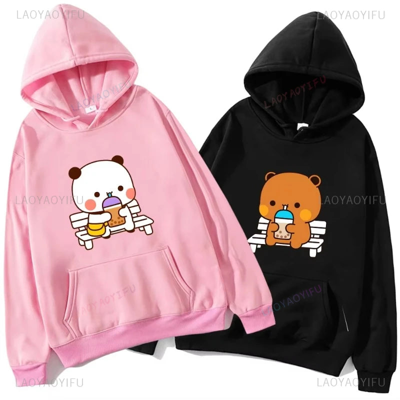 Trendy New Couple Hoodies Bubu with Dudu Drinking Juice Sweatshirts Cartoon Cute Panda Bear Hoodies Kawaii Y2k Top Sudaderas