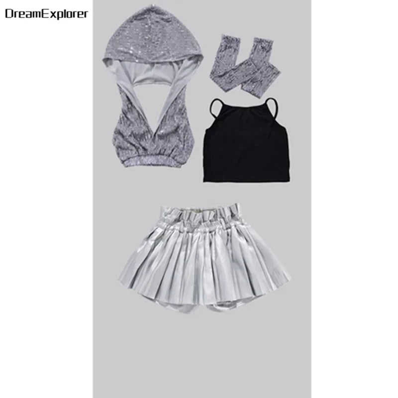 Girls Sequin Crop Hoodies Street Dance Shorts Kids Skirts Hip Hop Jazz Silver Pants Clothes Sets Child Streetwear K-pop Costumes