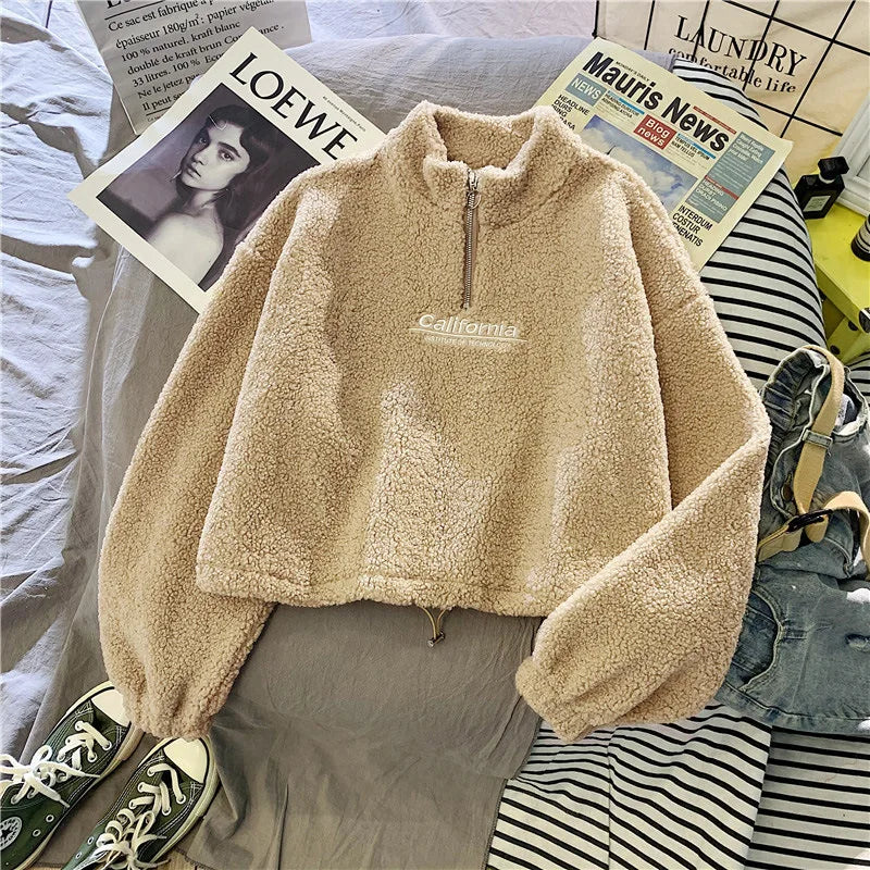 Letter Sweatshirts Women Half High Collar Hoodies Long Sleeve Pullover Pockets Loose Autumn Sports Slight Strech Draw String