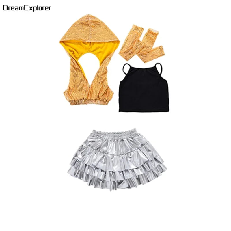 Girls Sequin Crop Hoodies Street Dance Shorts Kids Skirts Hip Hop Jazz Silver Pants Clothes Sets Child Streetwear K-pop Costumes