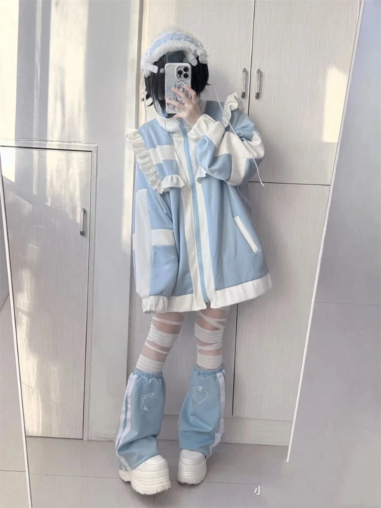 Japanese Y2k Aesthetic Stand Collar Kawaii Hoodies Women Zipper Sweatshirt Oversized Coats Grunge Harajuku Ruffled Patch Coat