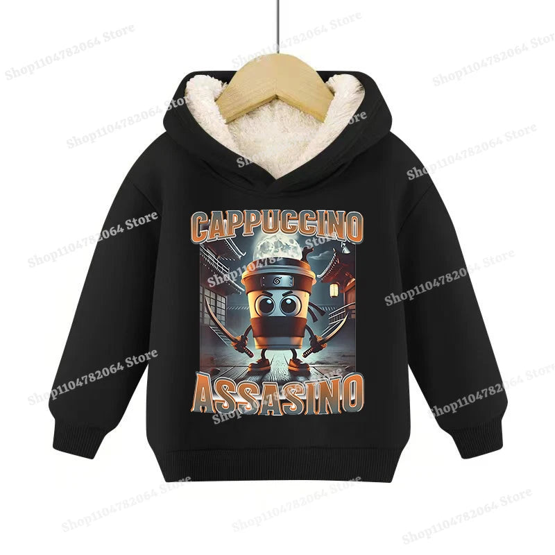 Italian Brainrot Animals Pullover Hoodies Cappuccino Assassino Lamb Fleece Kid Sweatshirt Sahur Anime Cartoons Clothes Tops Gift