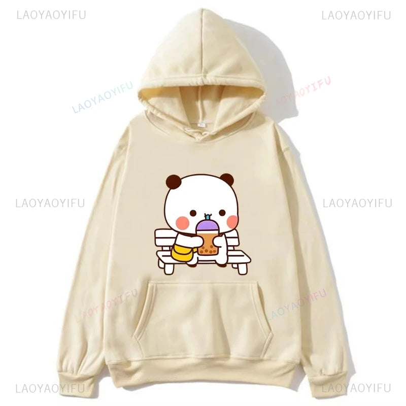 Trendy New Couple Hoodies Bubu with Dudu Drinking Juice Sweatshirts Cartoon Cute Panda Bear Hoodies Kawaii Y2k Top Sudaderas