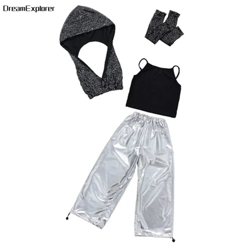 Girls Sequin Crop Hoodies Street Dance Shorts Kids Skirts Hip Hop Jazz Silver Pants Clothes Sets Child Streetwear K-pop Costumes