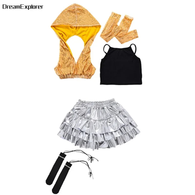Girls Sequin Crop Hoodies Street Dance Shorts Kids Skirts Hip Hop Jazz Silver Pants Clothes Sets Child Streetwear K-pop Costumes