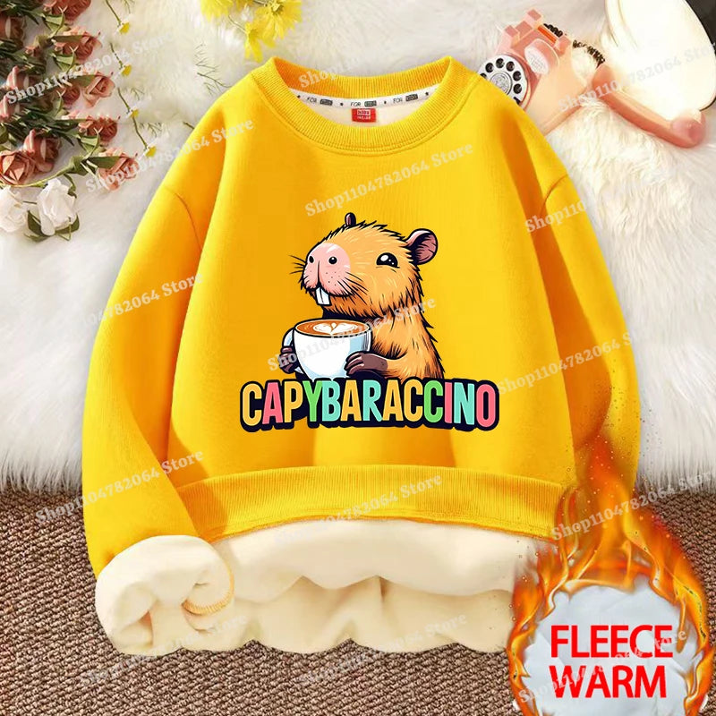 Kawaii Capybara Children's Clothing Lamb Wool Sweatshirt Boys Girls Winter Warm Thick Long Sleeved Pullover Hoodies Anime Gifts